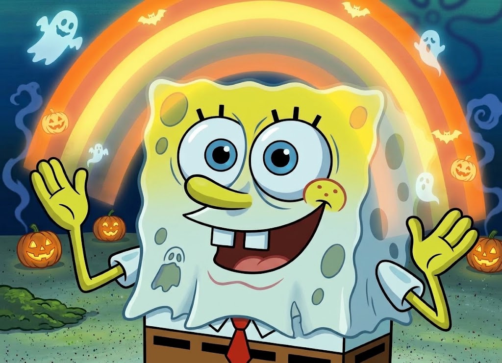 Doyouevenhbb's tweet photo. Welcome to Bikini Bottom's Spookiest Season! 🎃Remember when SpongeBob tried to be scary with a bedsheet and a pair of shoes? We brought him back, removed the noisy text, and gave him full control of the crypto realm!   $SPOOKBOB isn’t just a token—it’s a movement of pure Halloween Insanity. Whether we’re haunting the charts or scaring away paper hands, this ghost sponge is ready to send this coin straight to the moon 🌕✨