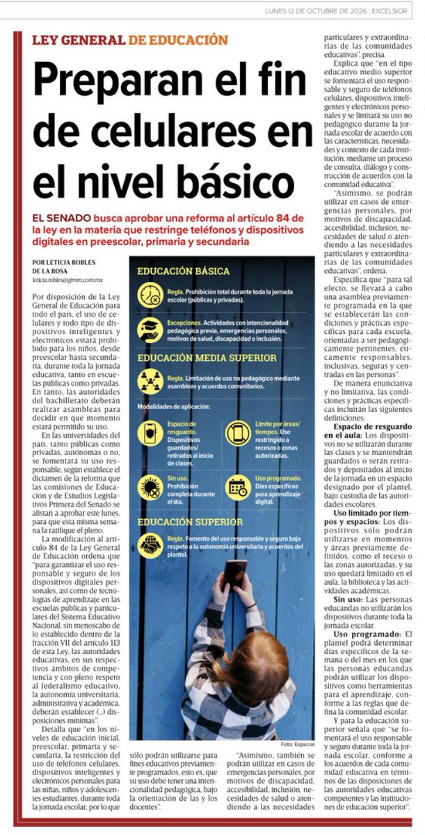 letroblesrosa's tweet photo. ‼️EXTRA EXTRA‼️ Por unanimidad de 27 votos, comisiones unidas del @senadomexicano acaban de aprobar la reforma que prohíbe los celulares y todo tipo de dispositivos inteligentes y electrónicos en las aulas de la enseñanza básica, tanto públicas como privadas.

En bachillerato se harán asambleas para decidir sus restricciones y en nivel superior se fomentará su uso responsable dentro de las aulas.

Hoy, en la edición impresa de @Excelsior , tenemos los detalles de la reforma: 

👇
https://t.co/w5pivJLySS