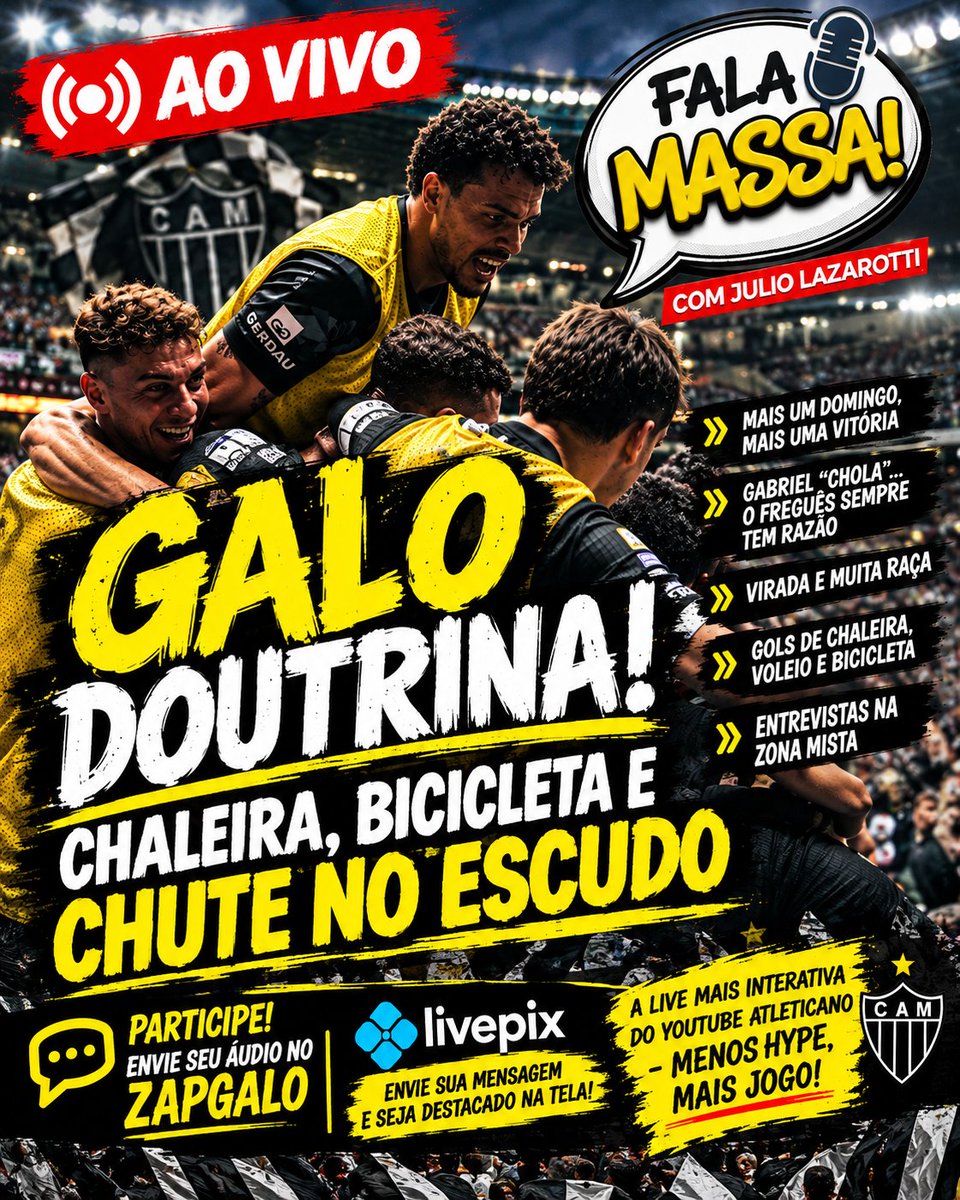ArqdoGalo's tweet photo. 🐔 GALO DOUTRINA! 

CHALEIRA, BICICLETA E CHUTE NO ESCUDO!
MAIS UM DOMINGO, MAIS UMA VITÓRIA!

A a repercussão da virada, os gols, o XORORÔ DO CUNHADO e as entrevistas na zona mista.

🕘 21h30
💻 https://t.co/gsqJQSp7F6

#ATLETICOMINEIRO #GALO #FALAMASSA #GALOMINEIRO #ATLETICOMG https://t.co/NS5txB1QN6