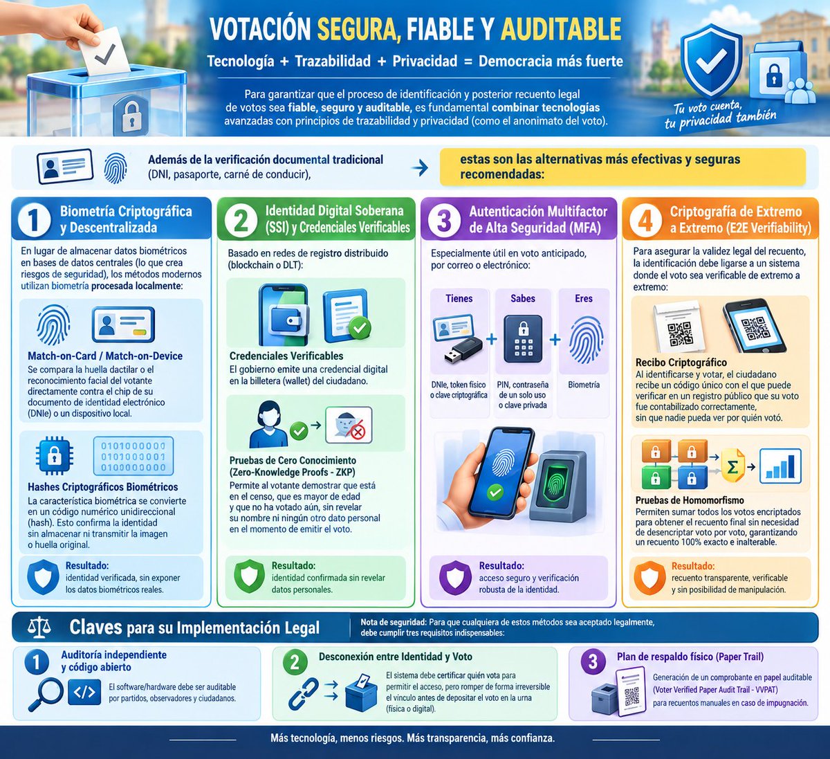 MundoColombo's tweet photo. @LMPardoAbogado Infografía creada sobre los métodos tecnológicos para garantizar una votación segura, fiable, privada y auditable, con las cuatro tecnologías principales y los tres requisitos para su implementación legal. https://t.co/a4K6JAxnxo