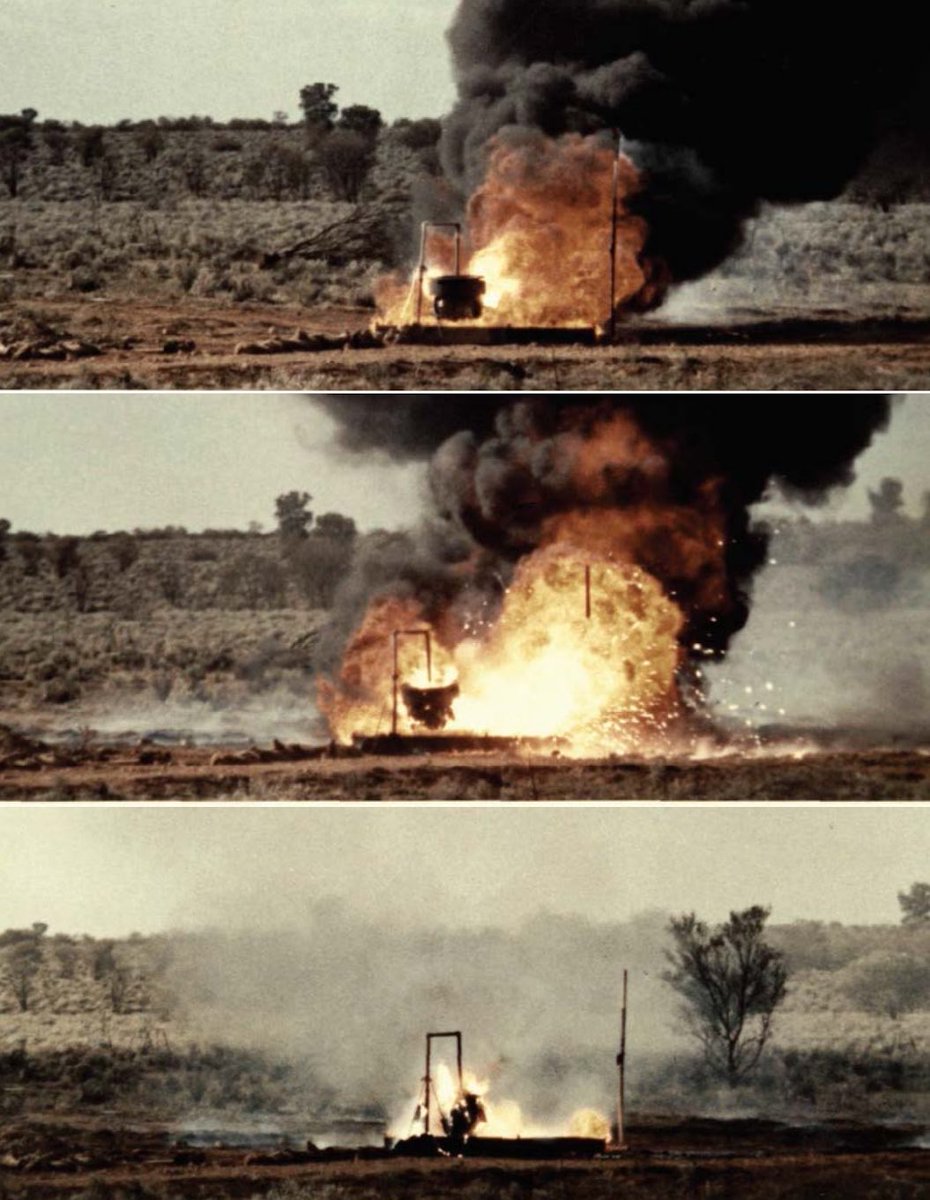radioactivered's tweet photo. Recently declassified photos of a British Red Beard Mk1 nuclear weapon undergoing a fire test. ☢️

According to the AWRE report, the high explosive was completely consumed within like 12 minutes and the spherical tamper shell stayed intact even after the fire burned out. https://t.co/Gr2Mde5L32