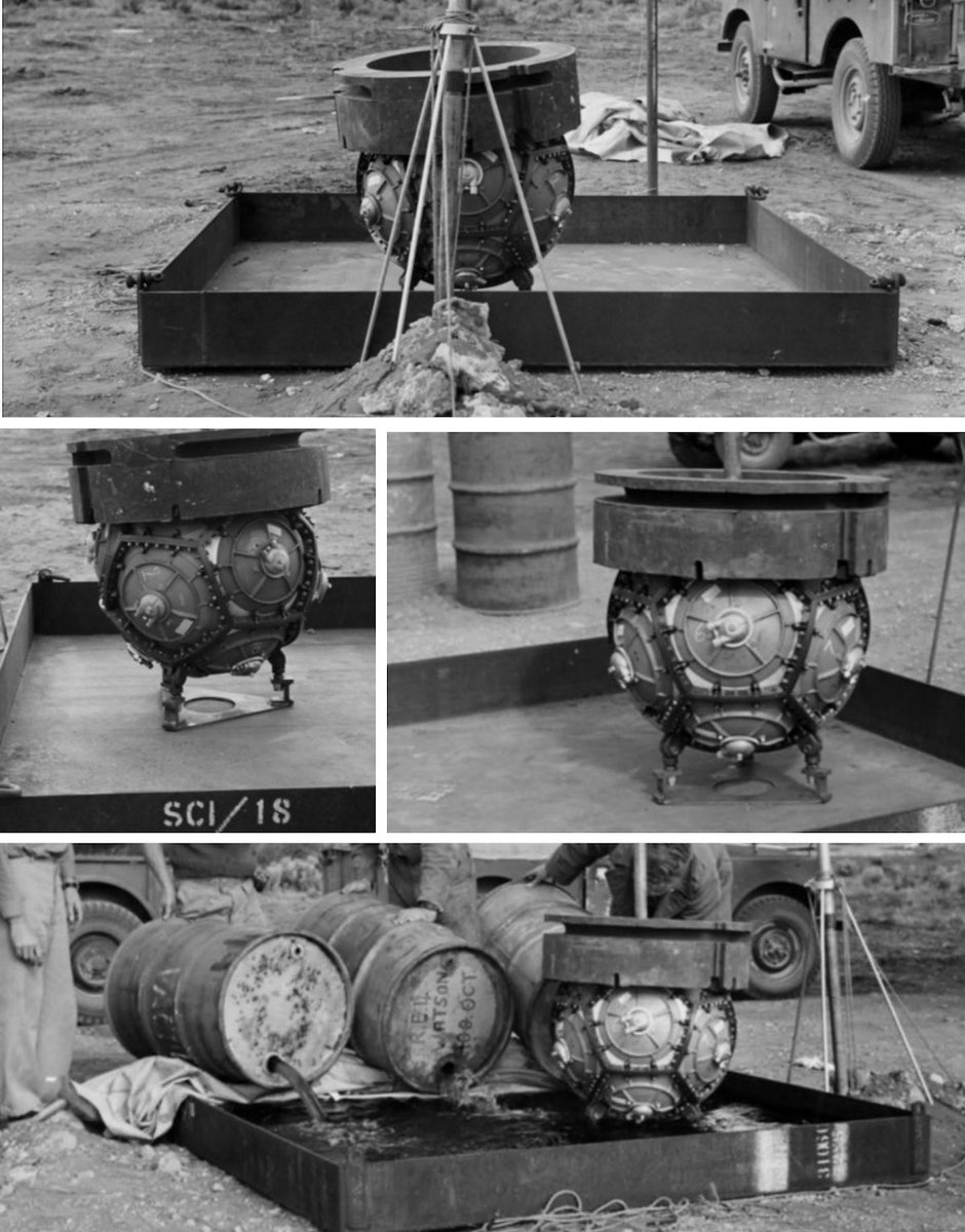 radioactivered's tweet photo. Recently declassified photos of a British Red Beard Mk1 nuclear weapon undergoing a fire test. ☢️

According to the AWRE report, the high explosive was completely consumed within like 12 minutes and the spherical tamper shell stayed intact even after the fire burned out. https://t.co/Gr2Mde5L32