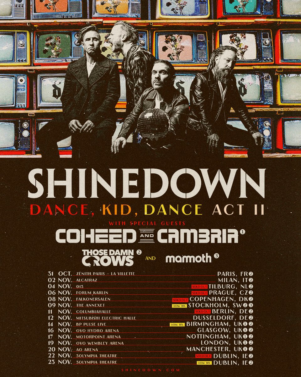 Shinedown's tweet photo. EU / UK… It’s been a minute since we’ve been back, so we’re making this one count with special guests @Coheed  + @ThoseDamnCrows + @MammothWVH 

Tickets + VIP are moving FAST ➡️ https://t.co/WlrK5tU8ou https://t.co/c1fUYZb1kl