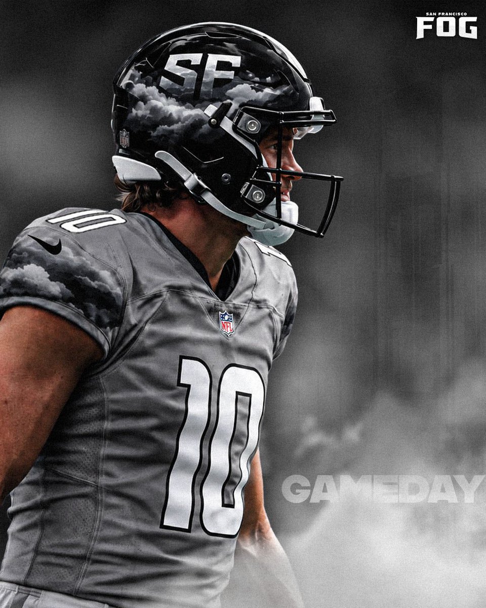 NFLEarth1610's tweet photo. the Fog is rolling in 🌁 

Herbert showcases the home jersey and helmet for the San Francisco Fog. Wanted a fun and unique name for SFs team. 

Home, Away, and Throwback uni layouts in the replies 👇 https://t.co/sQ0ditrk8a