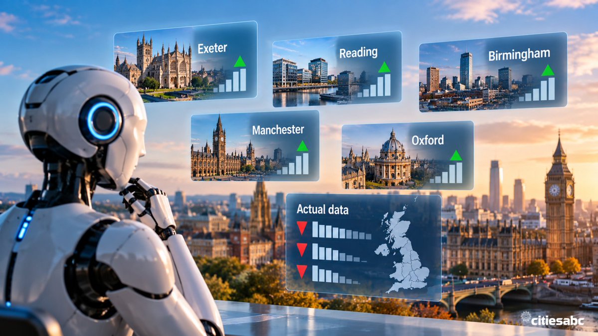 sarasrifi's tweet photo. AI ranked Exeter 5th for work ethic. Labour data placed it 41st.

A Go Vista AI study finds ChatGPT, Gemini and Claude often overrate prominent UK cities while overlooking smaller towns.

https://t.co/3VeVyUNNl7

#AI #SmartCities https://t.co/jjouBP91B4