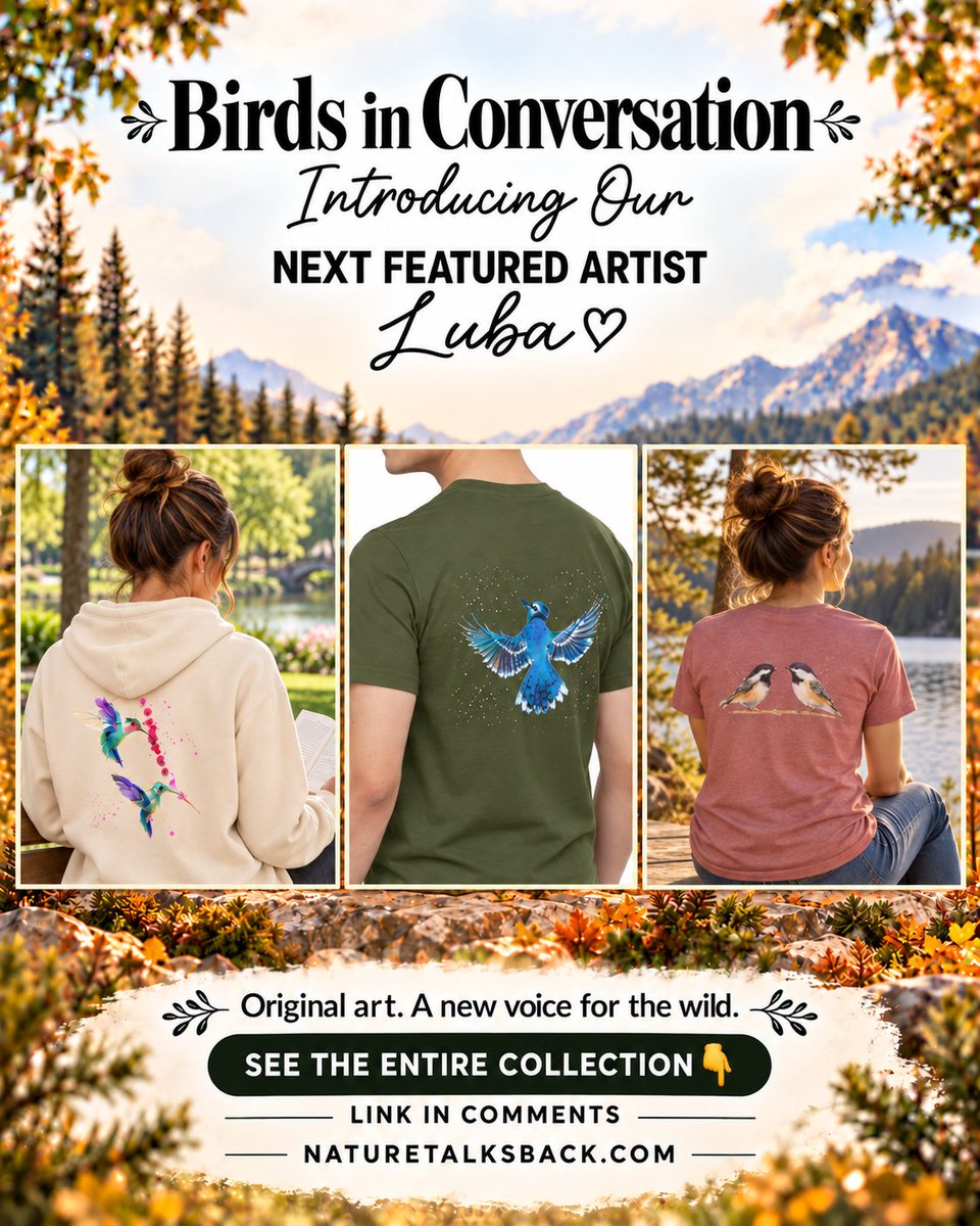 NatureTalksBck's tweet photo. The wait is over—meet Luba! 🌿🎨

We’re welcoming our newest featured artist to the Nature Talks Back™ family with her Birds in Conversation collection. 💚

From hummingbirds in motion to bluebird couples perched together, her original artwork invites us to slow down and notice the beauty—and personality—of the birds around us.

Six designs, available on tees and hoodies. Which bird speaks to you? 🐦

Explore the entire collection through the link in the comments, and help us give Luba a warm welcome! 

#NatureTalksBack #BirdsInConversation #ArtistCollab #BirdArt #NatureInspiredArt