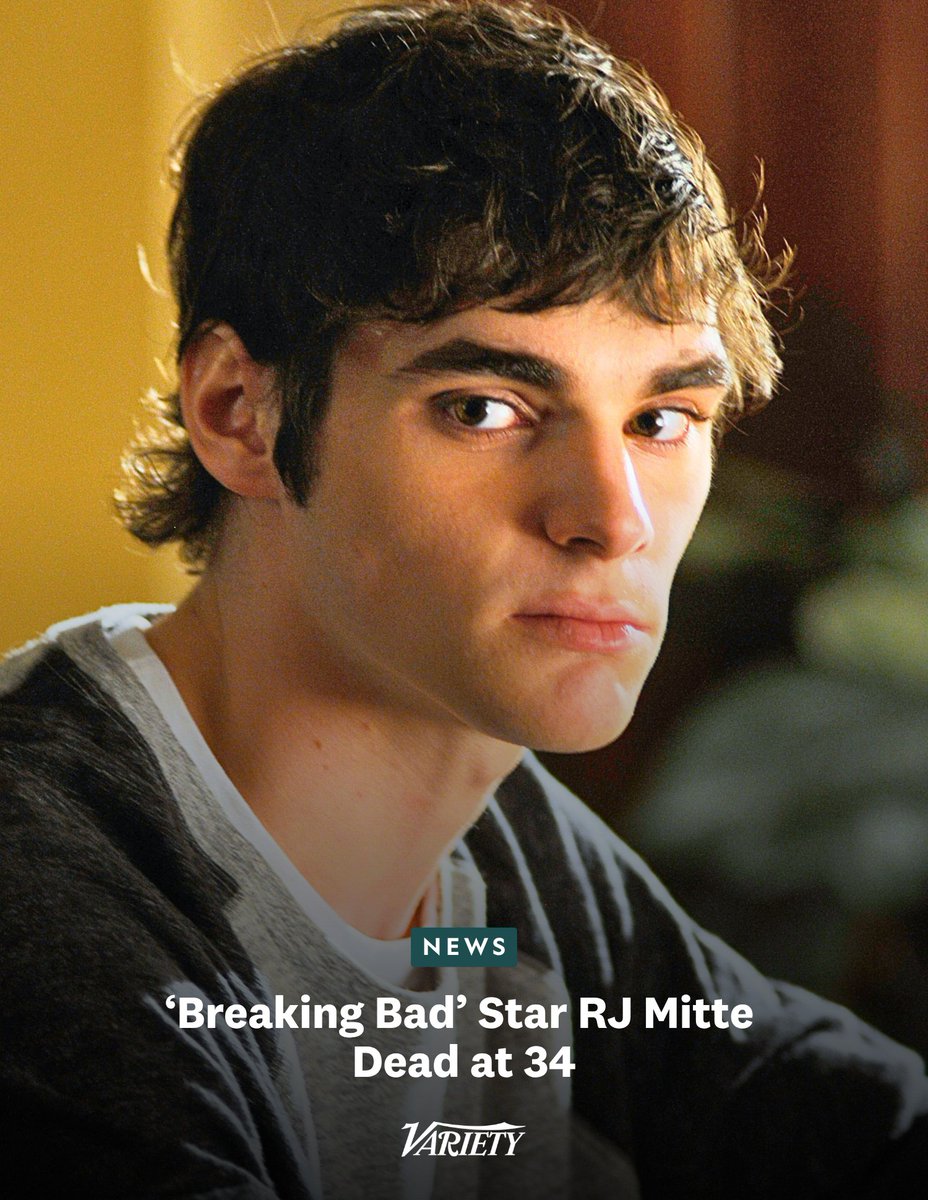 Variety's tweet photo. RJ Mitte, who played Walter White Jr. on “Breaking Bad,” has died. He was 34.

• A cause of death was not immediately disclosed by his representatives.

• Like his “Breaking Bad” character Walt Jr., Mitte had cerebral palsy. Throughout his acting career, he was an advocate for disability representation in Hollywood.

https://t.co/Tj4jkkxrx1