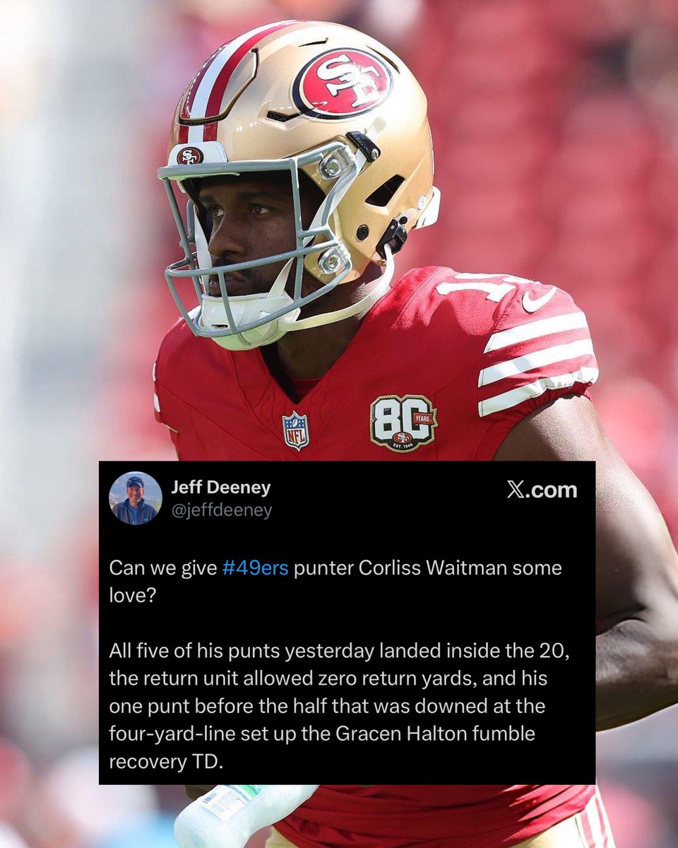 OurSf49ers's tweet photo. Unsung hero of the game, Corliss Waitman: Punters deserve some respect too 👏 

Via: @jeffdeeney https://t.co/xF5k3sM2uz