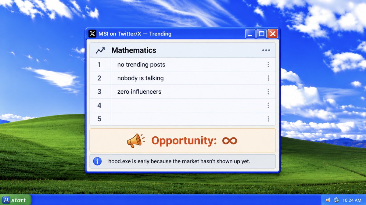Hoodexe_'s tweet photo. Mathematical Superintelligence doesn't have influencers.
no CT KOL has a hot take on Fermat's Last Theorem.

that gap is the opportunity.
hood.exe is early because the market hasn't shown up yet.

that's always been the trade. https://t.co/cTst97l6CX