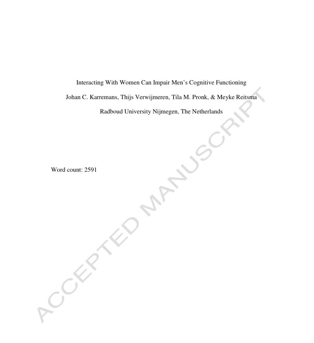 Dr_Wafy's tweet photo. دراسة بعنوان (التفاعل مع النساء قد يضعف الأداء المعرفي لدى الرجال) 
نشرت في مجلة Journal of Experimental Social Psychology
والسبب الرئيس في ذلك بحسب الدراسة أن الرجل يستهلك جزءاً من موارده الذهنية عندما يتفاعل مع امرأة يريد إثارة إعجابها، مما يترك موارد أقل لأداء المهام العقلية الأخرى.