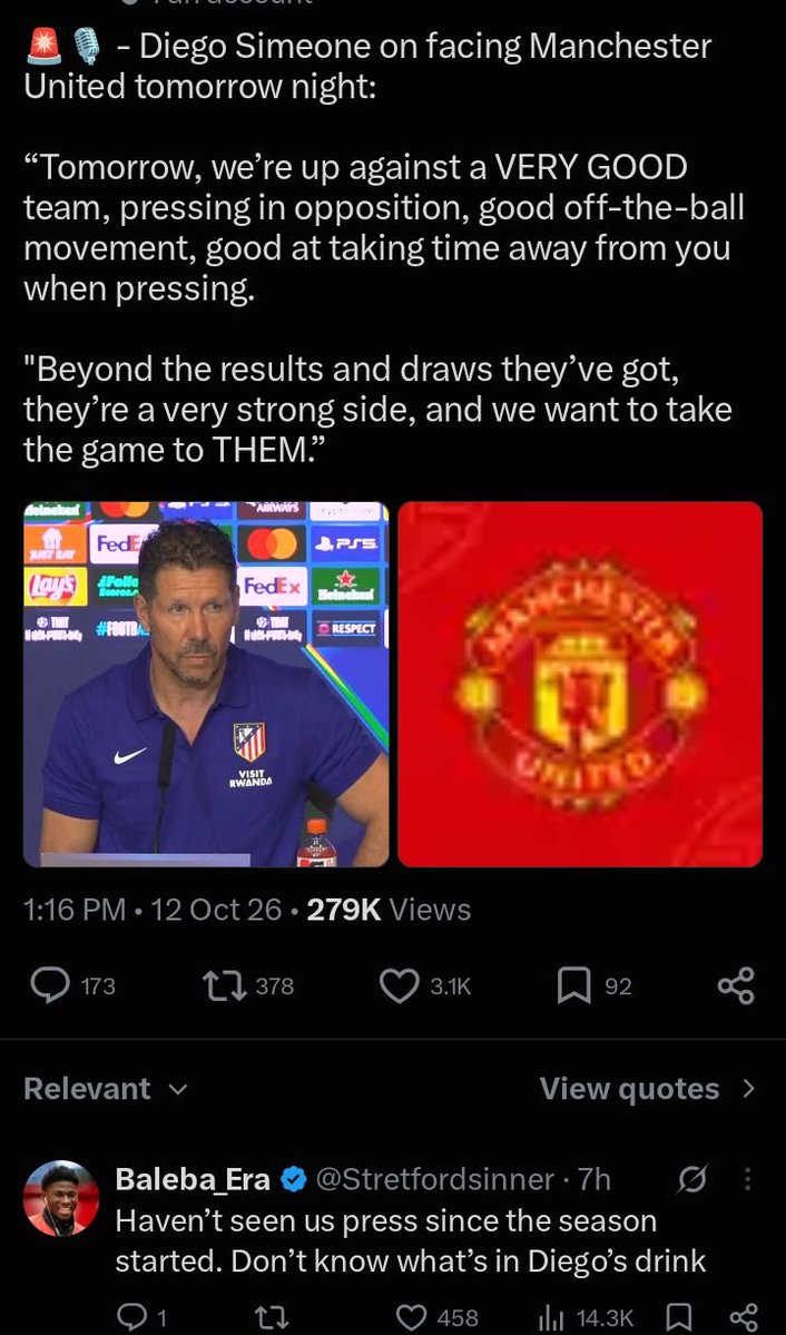 UTDtrends6853's tweet photo. That comment actually got me laughing 😭😂😂

Something was really added to his drink 
Which pressing is he talking about,  he is just indirectly mocking us. https://t.co/RP7pP5NBV1
