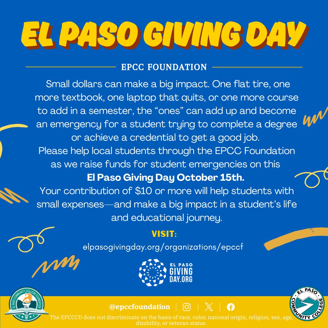 EPCCFoundation's tweet photo. Big dreams start with small steps—and your $10 gift makes a direct difference for local students. #ElPasoGivingDay! 🎓💙
@EPCCNews
#EPCC #EPCCFoundation #SupportStudents #HigherEd #ElPasoStrong #GiveLocal https://t.co/XGo7IaD6Fe