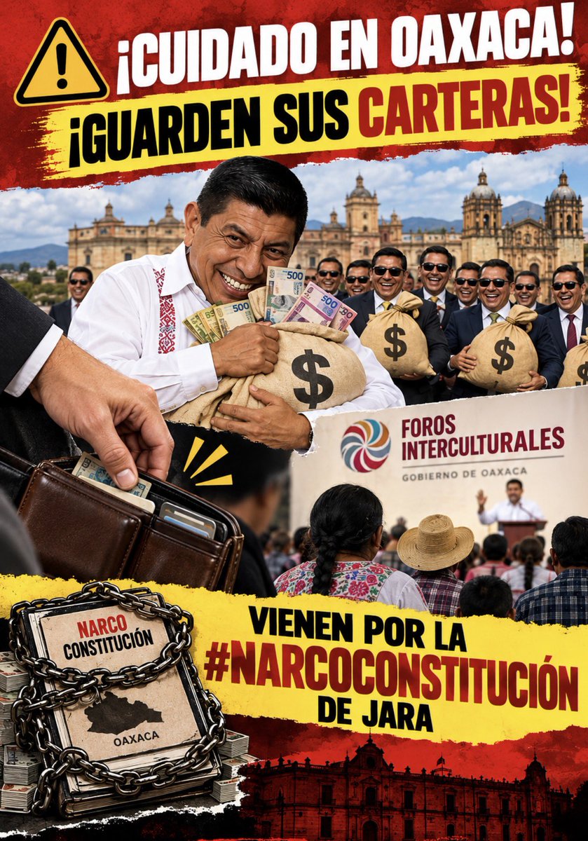 BenjaminRoblesM's tweet photo. ¡Cuidado en regiones y municipios de Oaxaca! ¡Guarden sus carteras!

Las y los 40 ladrones de Salomón Jara estarán visitándolos los próximos días.

El #Usurpador @salomonj los ha mandado a organizar unos “Foros Interculturales” que no es otra cosa que campaña adelantada.

Lo peligroso es que estos mañosos lo que buscan es imponer la #narcoconstitucion de Jara y de paso ver qué más se roban.

Bajo el disfraz de la interculturalidad, están tejiendo el siguiente engaño a la gente de Oaxaca.

No podemos seguir permitiendo que Salomón se hinche de dinero mientras el pueblo se come una #narcoconstitucion ilegítima.

@rosaicela_ esto no es la 4T.