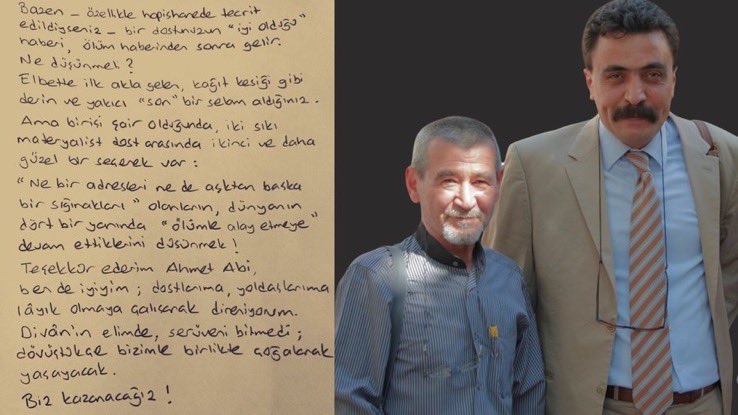 ToplumsalMht250's tweet photo. Şair Ahmet Telli’nin Silivri hapishanesindeki Selçuk Kozağaçlı’ya yazdığı mektup, şairin ölümünden aylar sonra Kozağaçlı’ya ulaştı.

"Divân'ın elimde, serüveni bitmedi; dövüştükçe bizimle birlikte çoğalarak yaşayacak.

Biz kazanacağız!"