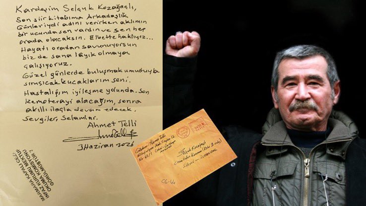 ToplumsalMht250's tweet photo. Şair Ahmet Telli’nin Silivri hapishanesindeki Selçuk Kozağaçlı’ya yazdığı mektup, şairin ölümünden aylar sonra Kozağaçlı’ya ulaştı.

"Divân'ın elimde, serüveni bitmedi; dövüştükçe bizimle birlikte çoğalarak yaşayacak.

Biz kazanacağız!"