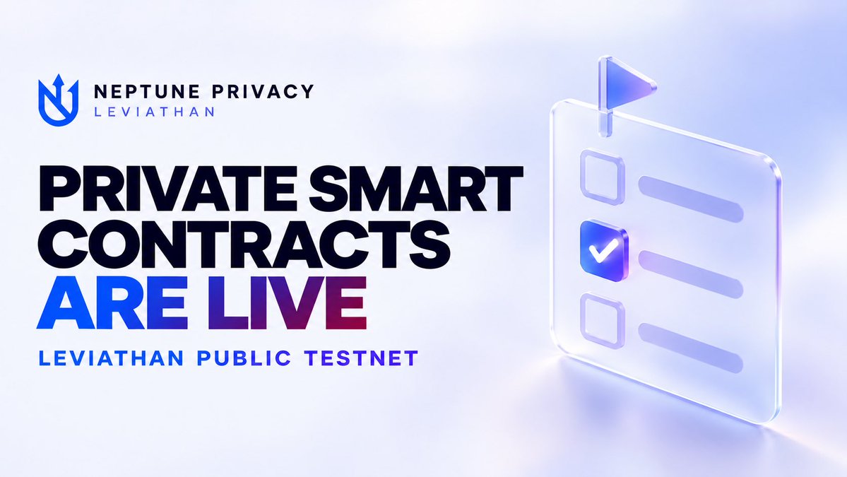 NeptunePrivacy's tweet photo. PRIVATE SMART CONTRACTS ARE LIVE ON LEVIATHAN PUBLIC TESTNET

We’ve been quiet, but development keeps moving forward.

Private smart contracts are live on the public testnet. This marks another completed milestone on our roadmap.

Developers can now build applications that enforce rules for how funds are used while keeping sensitive transaction details private.

Programmable rules.
Verifiable execution.
Private value.

Progress is measured in milestones, not dates.