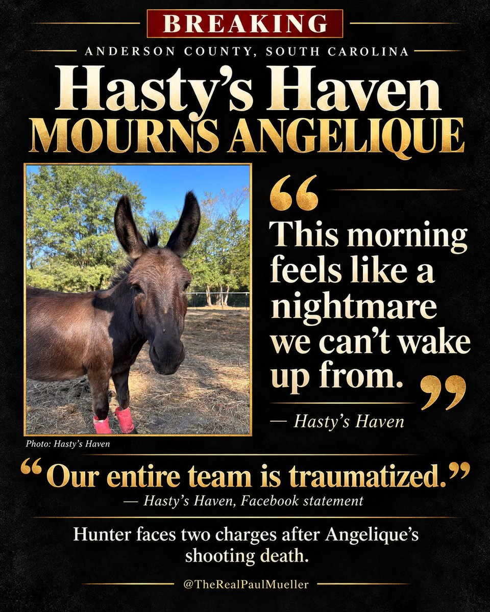 RealPaulMueller's tweet photo. BREAKING: Angelique, a beloved donkey at Hasty’s Haven in South Carolina, was shot and killed October 11th. SCDNR charged a hunter with two offenses. The sanctuary says she was in her pen with her herd.

Charged, not convicted.
SOURCE: SCDNR; Hasty’s Haven.
FAIR USE.
#TheRealPaulMueller