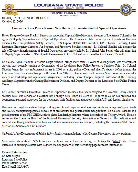 LAStatePolice's tweet photo. Louisiana State Police Names New Deputy Superintendent of Special Operations https://t.co/3JMFuc6LSE