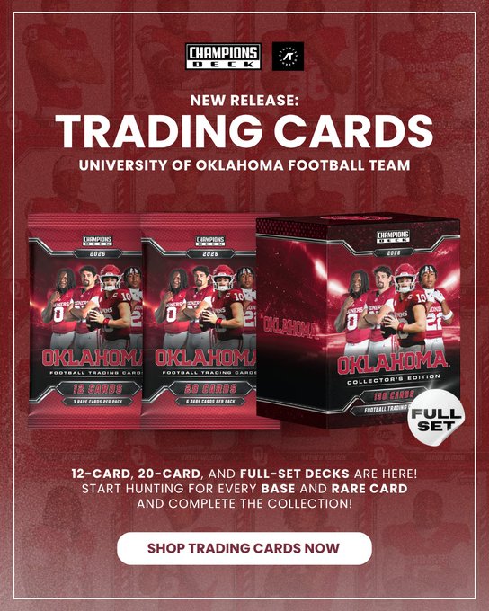 OUThreads_NIL's tweet photo. From base cards to rare finds, the new Oklahoma Football Trading Cards are here! 🏈🔥 Collect the legends, chase the rarities, and complete your set! 🃏💎

12-card, 20-card &amp; full-set decks available now!

🛒 Shop Now: https://t.co/9W2ZYFEcP6 https://t.co/w0mlA1WVrz