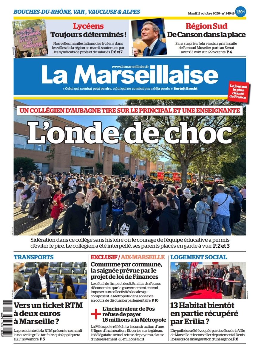 LeoPurguette's tweet photo. #ÀlaUne du 13 octobre 2026 #Aubagne #Collège #Fusil #Lycéens #Mobilisation #FrançoisDeCanson #RTM #Tarifs #Exclusif #Incinérateur #Fos #PLF #Communes #Métropole #13habitat #Erilia #LogementSocial
En kiosque et par abonnement sur https://t.co/6UIU0d5cTy https://t.co/WkqQcYV1RV