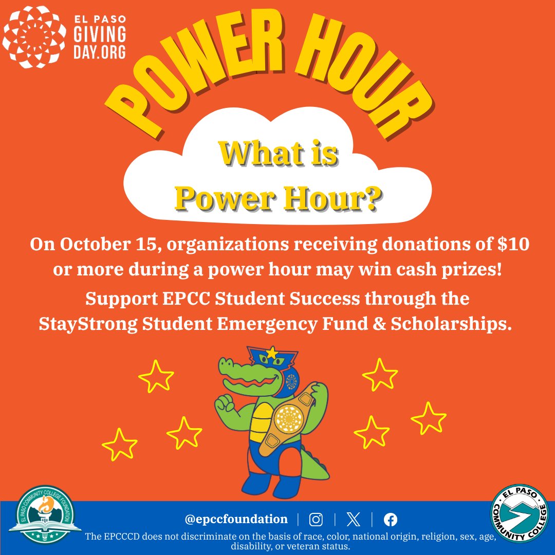 EPCCFoundation's tweet photo. Time your gift to maximize student support! ⏰
Donate $10+ during any of the 5 Power Hours on Oct. 15 to help us win bonus funds for scholarships and emergency relief.
Every dollar counts!
@EPCCNews
#ElPasoGivingDay #EPCCPowerHour #EPCCFoundation #StayStrongFund #TejanoPride https://t.co/H3gKDXu8pm