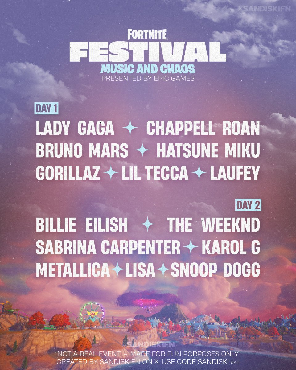 sandiskifn's tweet photo. E se o Fortnite Festival realmente fosse um festival, em que dia iriam? 🎸 https://t.co/iIrPxh3lbf