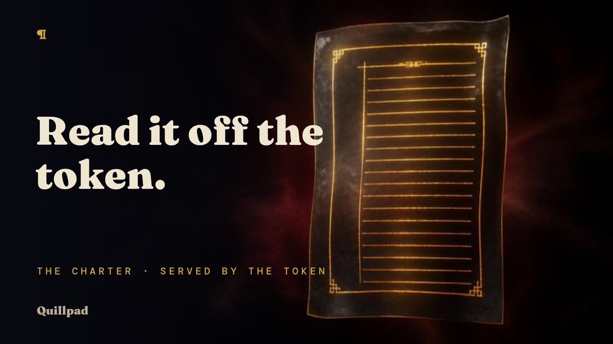 Quillpadxyz's tweet photo. Open any folio on the shelf and read the charter straight off the token: name, picture, the line about it, the links. There is no JSON file on a server behind it, so there is nothing to go stale and nothing to swap out later.

https://t.co/hlqzQUmdEs https://t.co/r5J5zZ4XCR