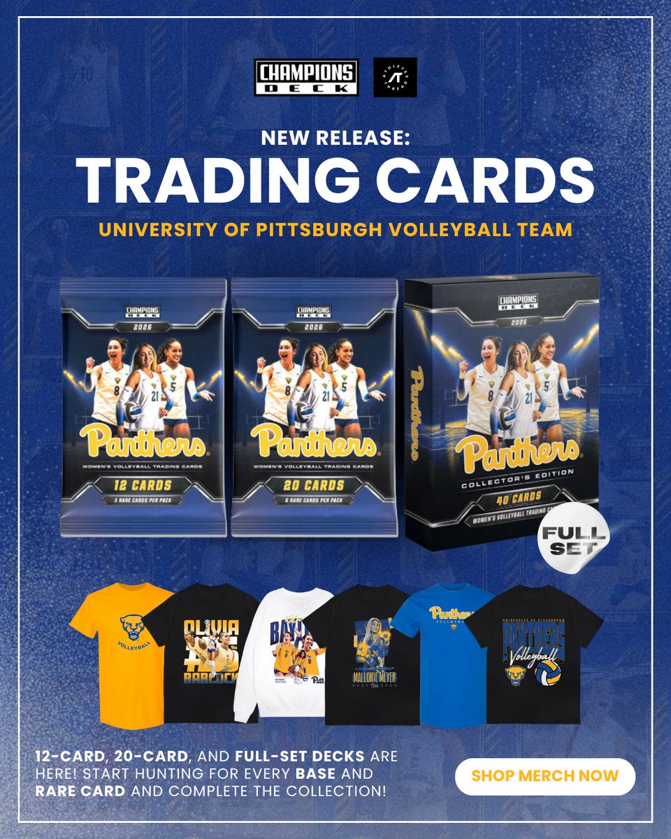 PantherThreads's tweet photo. 🚨 NEW RELEASE 🚨

The Pittsburgh Volleyball trading cards are HERE!🏐

Choose your deck: grab a 12-card, 20-card, or the 40-card collector’s edition full set! Rip a pack, find your favourite athletes and start building your collection.

https://t.co/Q2O7nkPGCY https://t.co/6OL6V6mle6