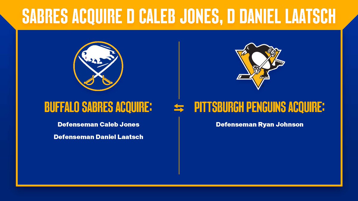 SabresPR's tweet photo. The Buffalo Sabres have acquired defensemen Caleb Jones and Daniel Laatsch from the Pittsburgh Penguins in exchange for defenseman Ryan Johnson. https://t.co/737jyAAEEf