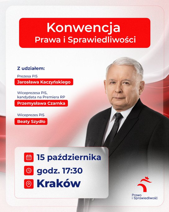wassermann_ma's tweet photo. W ten czwartek, 15 października w Krakowie Konwencja Prawa i Sprawiedliwości z udziałem Prezesa PiS @OficjalnyJK, Wiceprezesa PiS i kandydata na Premiera RP @CzarnekP oraz Wiceprezes PiS @BeataSzydlo !! https://t.co/BDqKh3zVye