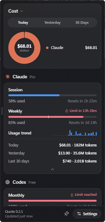 ManyGlue's tweet photo. First Holster app just dropped: Quota

It shows all your AI subs in one place (Claude, Codex, Cursor, Muse Code, OpenCode, and more...)

You can track limits, spending, tokens used, and usage projections

Built on top of OpenUsage by @robinebers 

Download in the replies https://t.co/Cx0KXcswlj