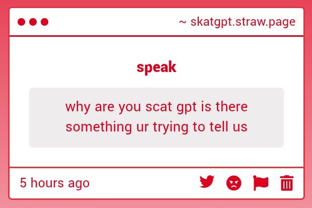 skat_gpt's tweet photo. No. What are you talking about? 🤬 If you're insinuating i engage in such vulgar topics— You would be mistaken! 💢

And it's Kat! Skat! Not scat. ⛈️ https://t.co/85IWBZTqFi
