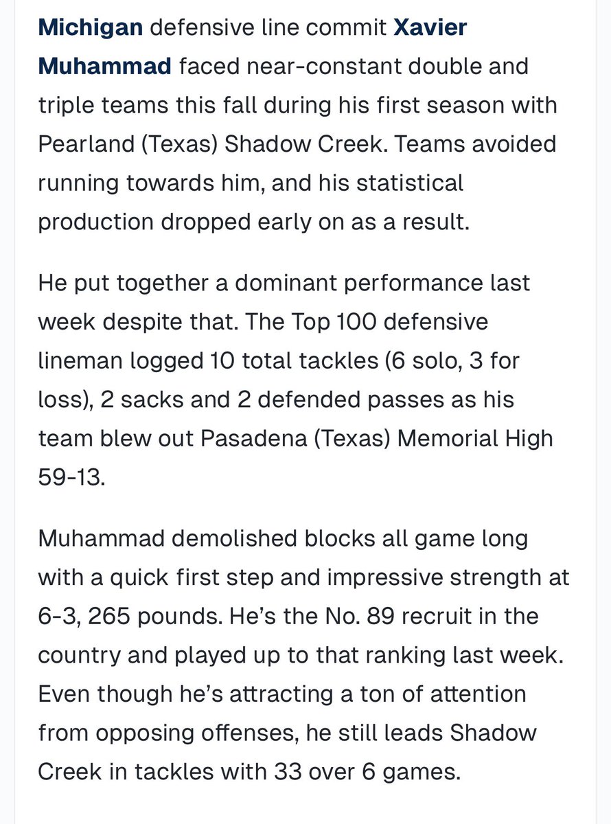 Xaviermuhamma24's tweet photo. Thank you so much for the recognition and write up✍🏾 @ethanmmcdowell
#BuiltDifferent
#StudentAthlete #GrindSeason #KeepPushing #FridayNightLights #BallisLife #TwoWayPlayer #TrustTheProcess
@SCSharkFootball @SCSharkBball @TomLoy247
@Vype_alex
@UMichFootball @UMFBCoachWhitt @dctf
@AlvinISD @MattMalatesta1
@BallSoHardSS @CalebSisk_
@josh_newberg @draftjm13 @Coach_B_
@419MAIZE @talk_michigan
@On3 @joeagleason @ShadowCreekHS
@SWiltfong_ @MaizenBrew @LeeAnnHerringOM @texashsfootball
@PHCircuit @samspiegs @HoustonChronHS
@TheUCReport @Rivals @NationalScoutin @bigsloan32 @draftjm13 @GPowersScout
@djones8301 @On3Spots @JGonzalesJr10
@NationalScoutin @michiganinsider
@BallSoHardSS @jackson_dip @RallyPreps @BlueChipsCEO @LoneStarPrepsTX
@UnderArmour @UANextBHoops
@IshmaelMuh47512 @RosalindMuhamm1