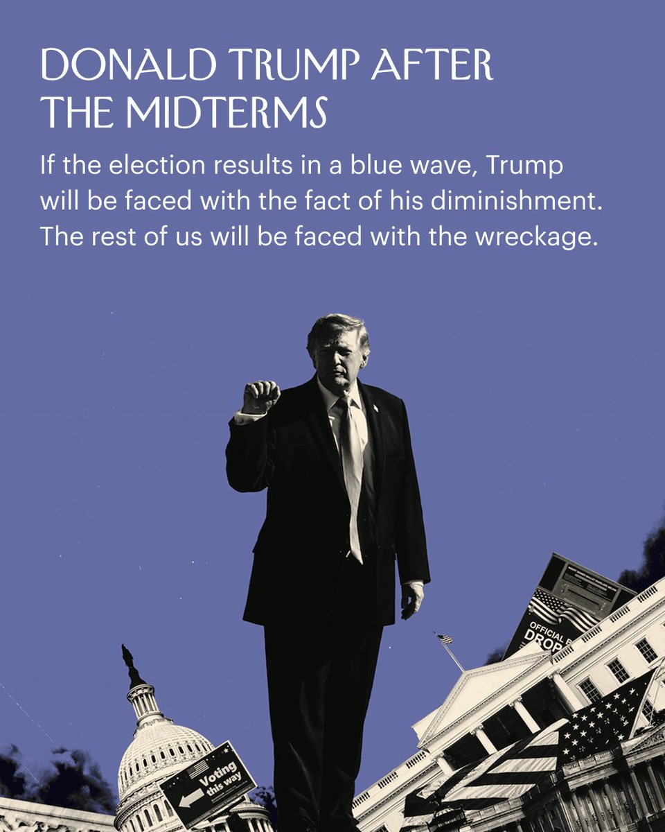 NewYorker's tweet photo. “Signs of a midterm blue wave are everywhere,” David Remnick writes. “And yet it would be journalistic malpractice not to attach some nervous caveats to any prediction.” Still, after a decade defined by Donald Trump’s unceasing presence, a growing number of Americans appear to recognize the uniqueness of the threat he poses. What he seems to value most of late is the humiliation of his enemies and, even more, the accumulation of vast wealth. “If the coming election does result in a blue wave, Trump will be faced with the fact of his diminishment. The rest of us will be faced with the wreckage,” Remnick continues. Read his predictions for November 3rd: https://t.co/LU7DEoo7Q3