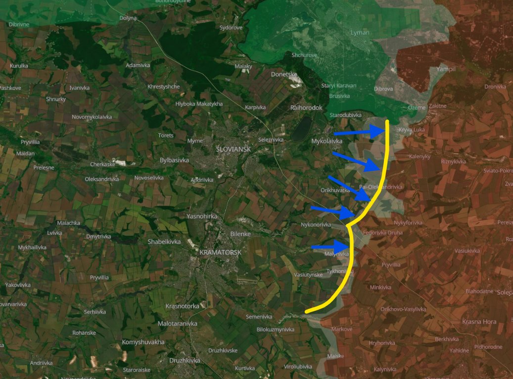 clement_molin's tweet photo. Sources russes 🇷🇺 - l'armée ukrainienne 🇺🇦 repousse le front devant Sloviansk

Après des mois d'offensive russe sur Sloviansk et Kramatorsk, l'armée ukrainienne a déployé des renforts et commencé une stabilisation du front.

Depuis au moins 2 mois, des actions de nettoyage des infiltrations sont en cours à l'est de Sloviansk. La majorité des chaines Telegram russes parlent de cette situation depuis plusieurs semaine, ce qui est confirmé par de nombreuses vidéos.

C'est une preuve de plus que l'offensive ukrainienne à Lyman a permis de stabiliser puis de repousser le front sur un large périmètre. Il semblerai que l'ensemble du 3ème Corps d'armée de Biletski ait l'initiative à l'heure actuelle...