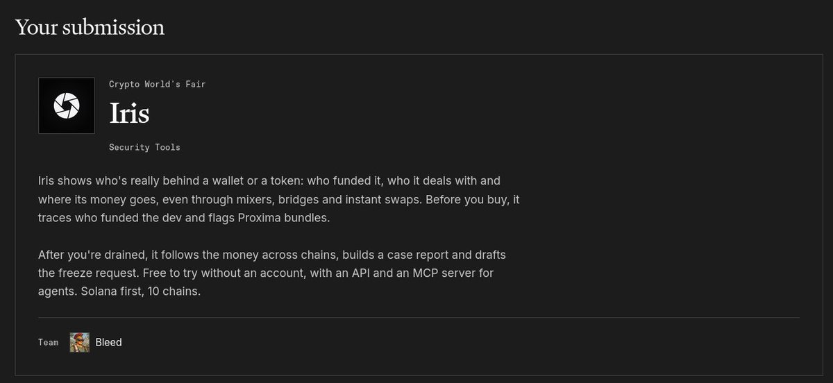 iris_intel_app's tweet photo. Iris just submitted to @colosseum 

 - Paste any token: see who funded the dev and if the launch was bundled, before you ape
 - Got drained? Follow your funds through mixers, bridges and swaps, wallet by wallet
 - Free, no account, results in seconds

-> https://t.co/PQrPo2ROqV https://t.co/TL1pYEaTT6