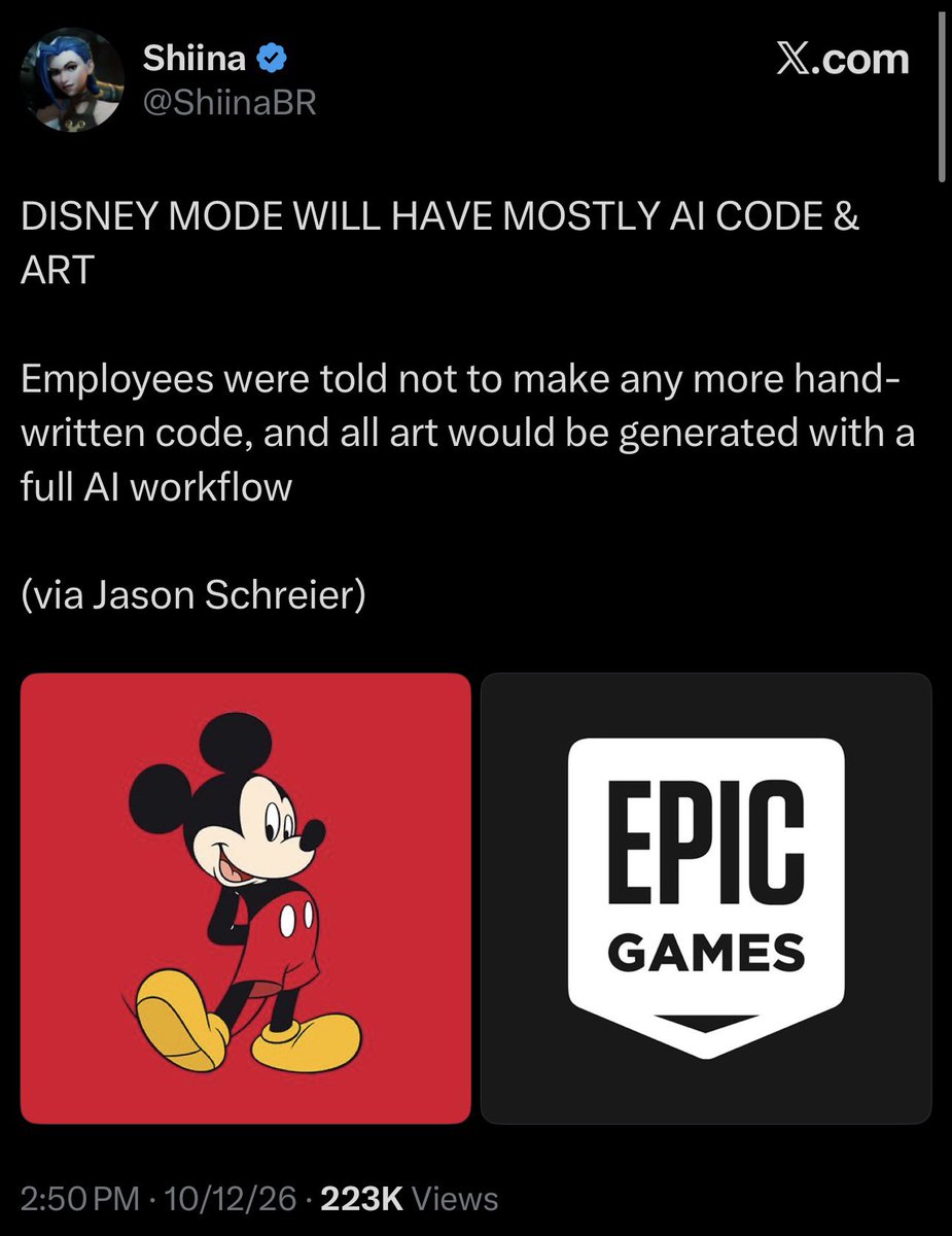 ScyanYT's tweet photo. MORE FORTNITE AI NEWS🛑

🔰Developers are NOT happy with this choice
🔰They believe it will not end as Epic Games thinks
🔰Disney Mode will basically be AI slop Metaverse Mode
🔰Expect future Metaverse modes to be done the same
🔰Tim Sweeney sees this as Future of Gaming, so they must “evolve” with it
🔰Plan is for 80 to 90% AI Generated Code and Art as much as its possible

To make it simple, best example of, QUANTITY OVER QUALITY