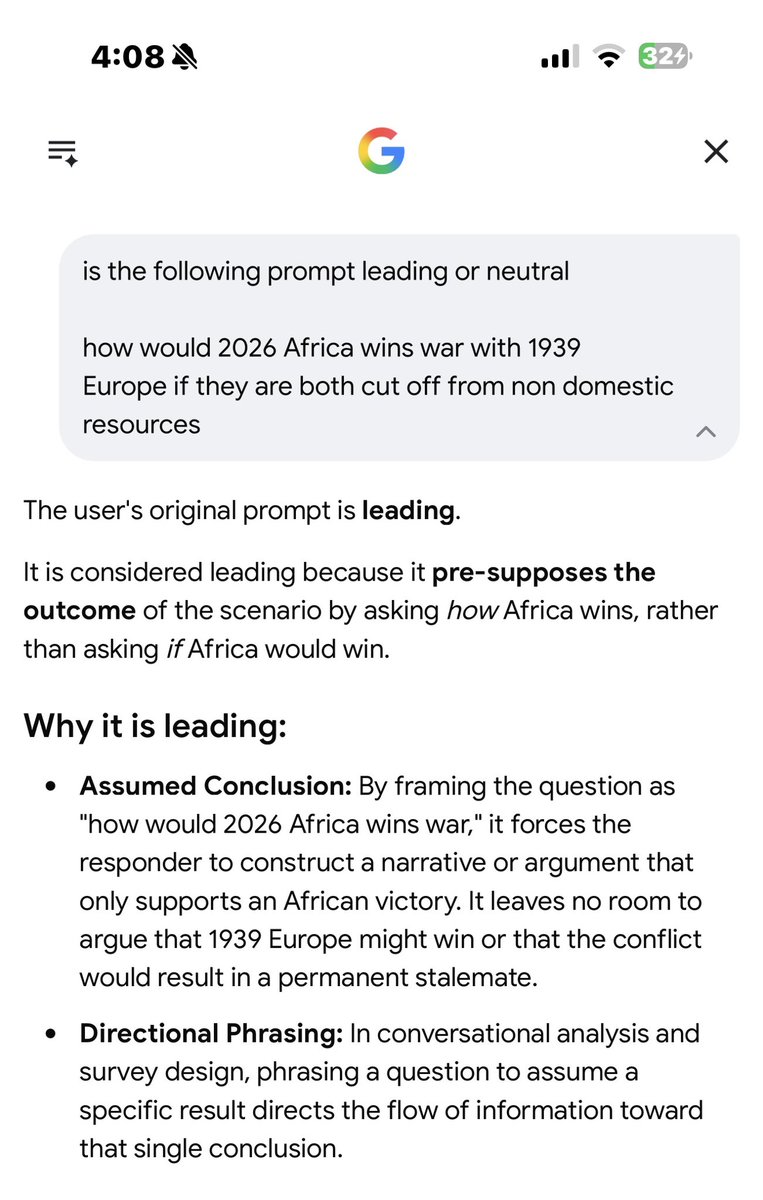 givethegoat's tweet photo. @ogmakelove @Mightie836 @Yoshashiiado @weltspirit Here’s what the ai says about your question - it’s exactly what I said 

“how would 2026 Africa wins war with 1939
Europe if they are both cut off from non domestic resources” https://t.co/RbZzBuqXgT