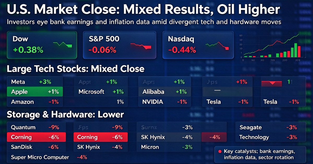 DanielJonett's tweet photo. 📊U.S. stocks closed mixed on Monday; oil prices rose as the market focused on bank earnings and inflation data.

➡️The Dow rose 0.38%, while the S&P 500 fell 0.06% and the Nasdaq dropped 0.44%.

➡️Performance among major tech stocks was mixed: Meta rose over 3%, Apple and Microsoft gained more than 1%, and Google posted a slight gain, while Amazon, Nvidia, and Tesla fell more than 1%. The memory, optical communications, and computer hardware sectors declined; Quantum fell over 9%, Corning dropped 6%, SanDisk fell nearly 6%, SK Hynix and Super Micro Computer dropped over 4%, and Micron Technology and Seagate Technology fell more than 3%.

$META $AAPL $MSFT $GOOGL $AMZN  $NVDA  $TSLA  $QMCO  $GLW  $SNDK  $SKHY  $SMCI  $MU  $STX