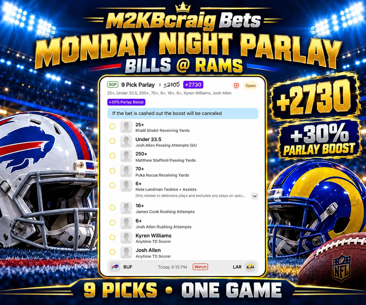 M2KBcraig's tweet photo. Monday night under the lights 🏈🔥

Bills–Rams: 9 legs, boosted from +2100 to +2730. Looking for Allen and Kyren in the end zone, with Stafford and Puka stacking yards.

Which leg comes down to the wire? 👀

#MNF #NFLPicks #BillsMafia https://t.co/kzYt1LaAA8