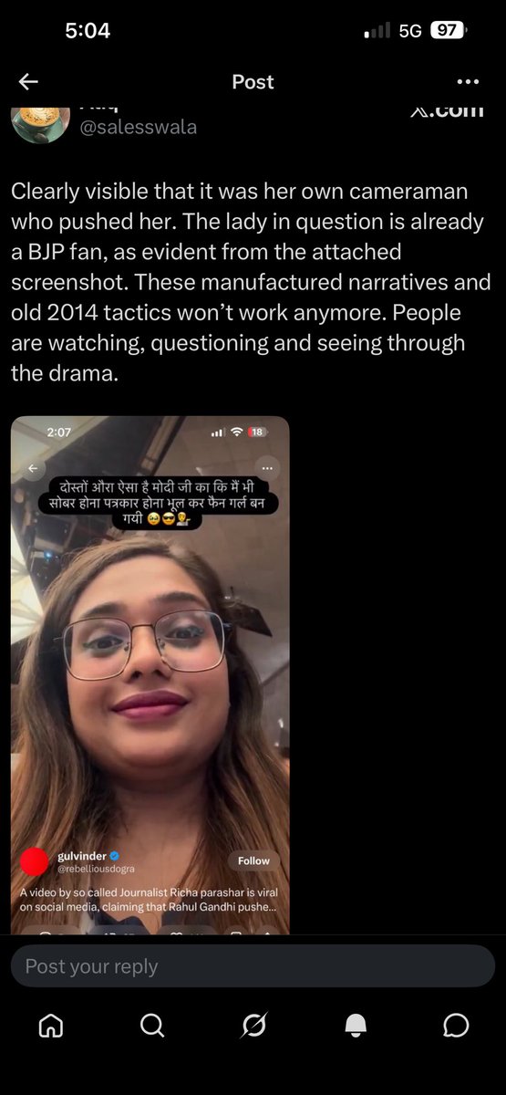 salesswala's tweet photo. Kal ki toolkit bhakts ko mil gayi: Rahul Gandhi pushed a pregnant woman

The woman in question is already a BJP supporter, as evident from the screenshot
Pehle non-veg controversy, ab yeh

It’s not 2014 anymore. People can see through the propaganda #INDIABlocProtest #RahulGandhi https://t.co/MQTYdfcCak