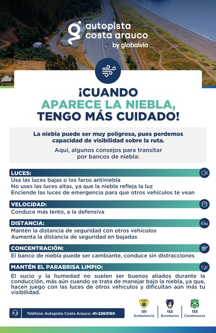 costarauco's tweet photo. #INFORMAMOS ⚠️ 🌫️ Presencia de neblina en diferentes sectores de la ruta. ⚠️🚛 Mantén siempre una distancia prudente cuando exista baja visibilidad. Con neblina, el espacio de reacción es clave para evitar colisiones. @biobio @Eco_BioBio_II @radioelcarbon @TTIBiobio @MOPBiobio https://t.co/MXqkajTuka