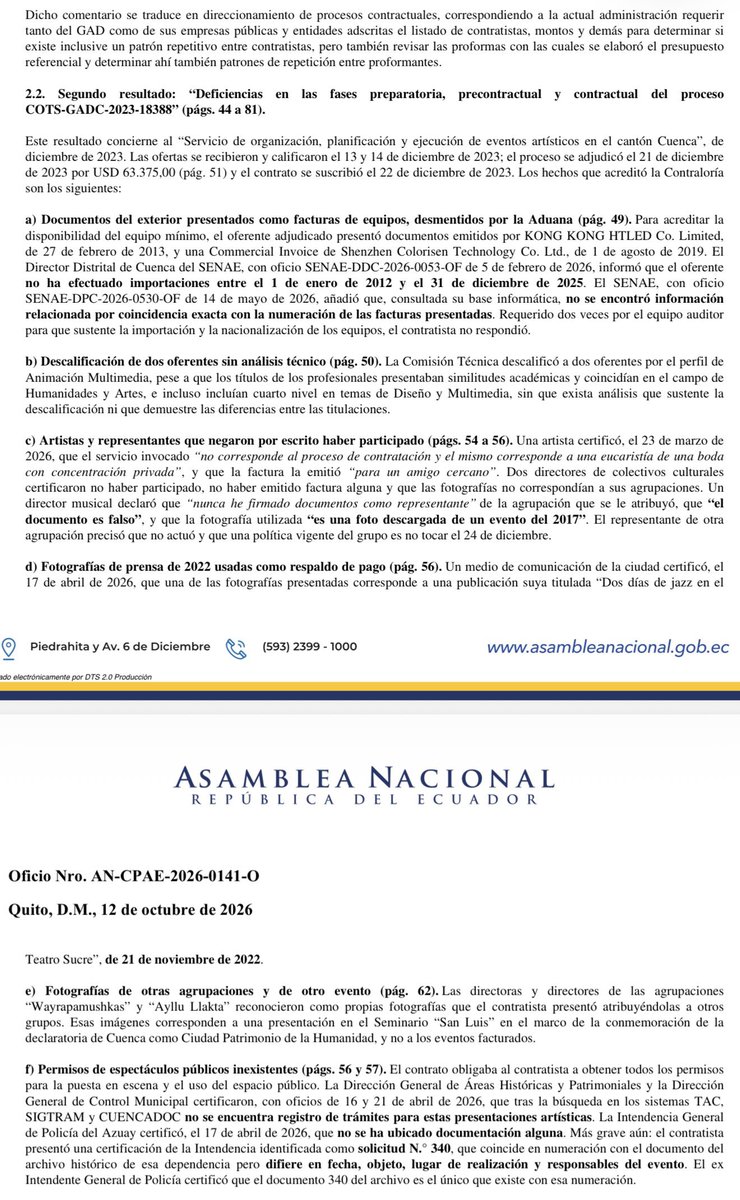 acastropiedra's tweet photo. 📌Esto es indignante y debe ser llevado a la justicia.

Después de que ayer reveláramos los hallazgos del informe de Contraloría que da cuenta de que se usaron fotos privadas y documentos alterados para cobrar plata del Municipio por conciertos fantasmas, no he parado de recibir denuncias de artistas, promotores culturales y representantes artísticos que confirman lo que parece increíble.

Esta mañana envié a la alcaldesa de Cuenca @MarisolPenaloz2 un oficio con el detalle de lo encontrado en el examen especial de la Contraloría para que todos los documentos en torno a este tema sean puestos a órdenes de las autoridades judiciales.

La verdad siempre sale a la luz.