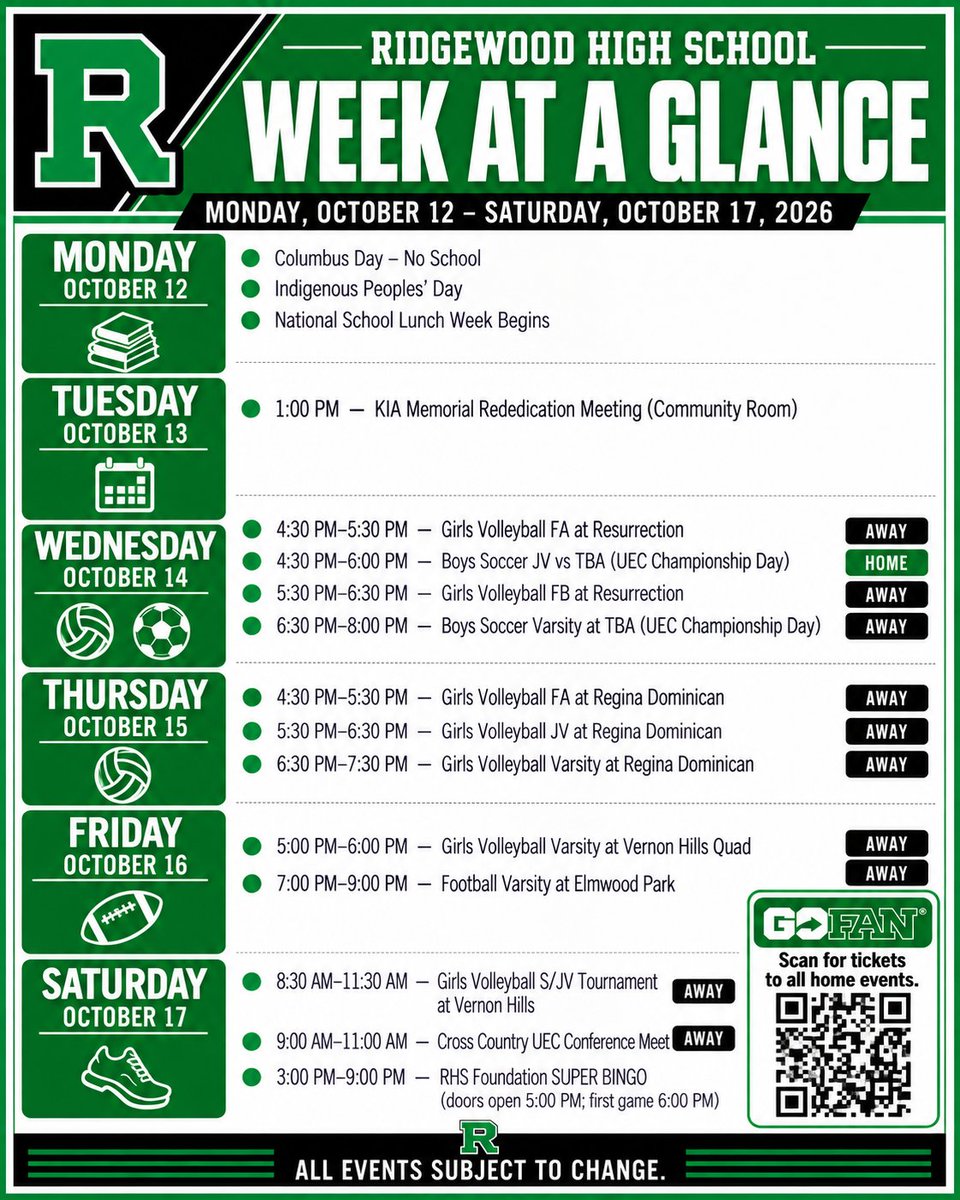 RHSRebelPride's tweet photo. Check out everything happening October 12–17, including athletics, the KIA Memorial meeting, school recognitions, and RHS Foundation Super Bingo on Saturday.
Come out and support our Rebels all week long!
#RidgewoodHS #GoRebels #WeekAtAGlance #RidgewoodPride https://t.co/cCHtnMFk0Z