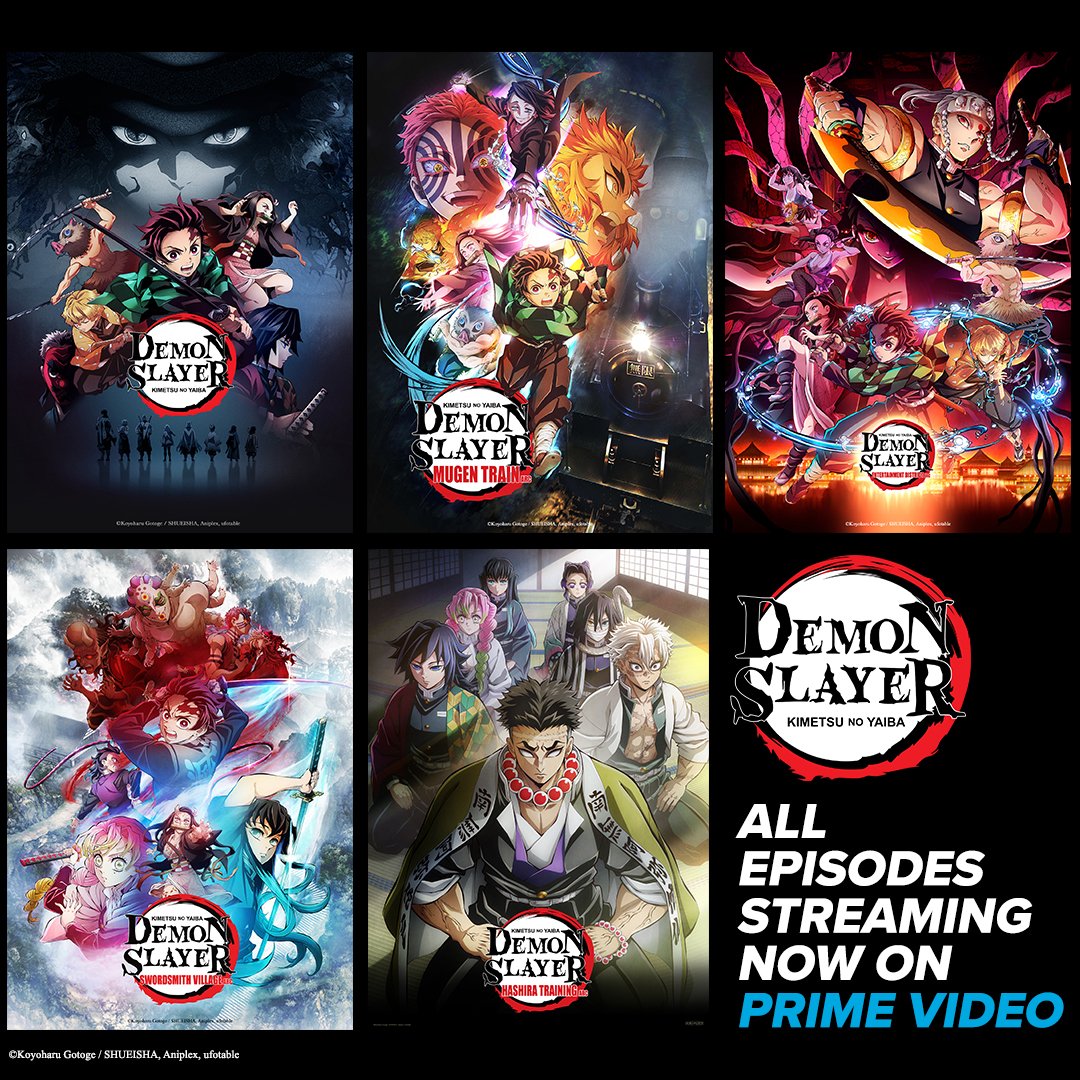 DemonSlayerUSA's tweet photo. All episodes of Demon Slayer: Kimetsu no Yaiba are now streaming on @PrimeVideo!

🪨 Tanjiro Kamado, Unwavering Resolve Arc
🚂 Mugen Train Arc
✨ Entertainment District Arc
♨️ Swordsmith Village Arc
💪 Hashira Training Arc https://t.co/rss4vK26Nx