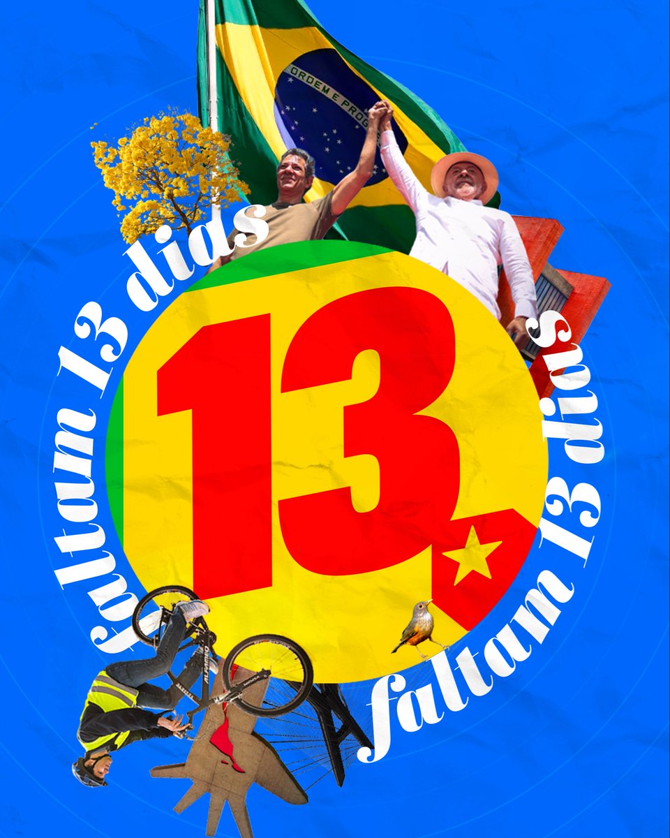 Haddad_Fernando's tweet photo. FALTAM 13 DIAS, MEU POVO!

No dia 25 de outubro, o Brasil escolhe o seu caminho. De um lado, o ódio, a mentira e um país vendido para poucos. Do outro, o Brasil da esperança, da democracia, de todos e de todas.

São 13 dias para fazer a diferença. Puxa conversa com aquele tio indeciso, manda mensagem no grupo da família, chama o colega de trabalho para um café. Cada voto virado é um passo a mais rumo à vitória!

Bora juntos, que o Brasil inteiro é 13!