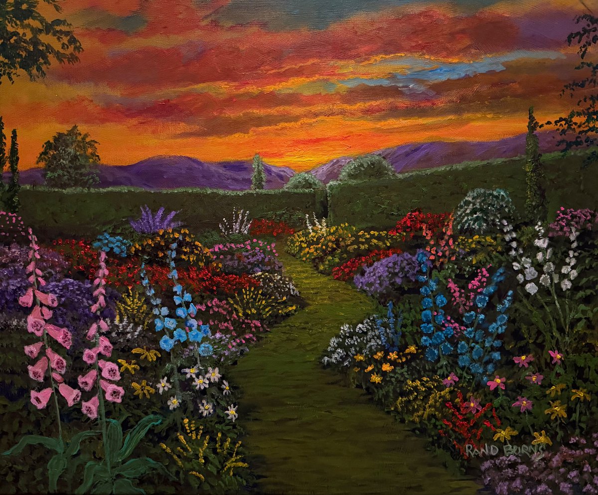 Crossmonkey's tweet photo. The Sunset Of Our Lives, 20 x 24”, painting on canvas. Upward reaching, flowers in a garden sing the praises of the ethereal evening light. Like ourselves they are. Reflecting on life, the passage of time. https://t.co/F4AIja1vAm