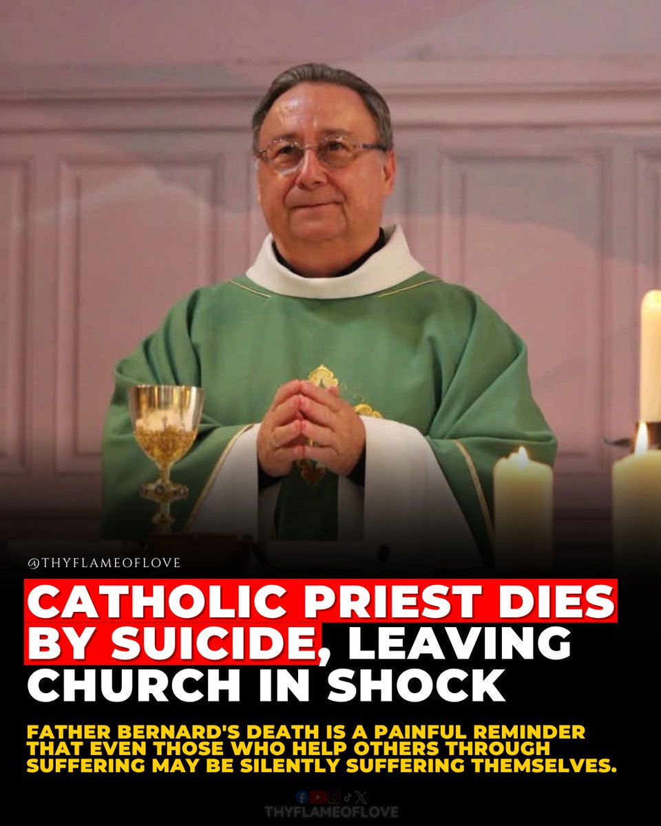thyflameoflove's tweet photo. A Catholic priest died by suicide. And his death raises a heartbreaking question: Who takes care of the priest who spends his life taking care of everyone else? ⤵️

Father Bernard Card, a priest in Dijon, France, reportedly died by suicide. His death shocked those around him. And while we may never know what he was going through, his death reminds us of something many Catholics forget.

Your priest is human, too.

Think about it. Your priest hears your confessions, listens to your problems, comforts you when someone dies, and reminds you to trust God when life feels hopeless.

But have you ever wondered what happens when HE feels hopeless?

He may preach about God's love while struggling to feel loved himself. He may spend hours listening to people's pain, then return to an empty room with no one to talk to.

And the saddest part? Sometimes, he feels he can't tell anyone because everyone expects him to be strong.

But a priest is human, too. He gets tired. He feels lonely. He can suffer from depression. And wearing a collar doesn't make that pain disappear.

So please, the next time you see your priest, don't just ask him for a blessing or a favor.

Ask him, "Father, how are YOU doing?" And really listen.

Because sometimes, the person who comforts everyone else is the one who desperately needs comforting.

And if you're a priest reading this, please remember something.

You don't have to carry everyone's pain alone. Asking for help doesn't mean you've failed God. Even priests need friends, rest, and professional care.

Your life matters, not because of how many people you serve, but because you are God's beloved son.

And there's one more thing every Catholic needs to know. The Church does NOT teach that everyone who dies by suicide automatically goes to hell.

The Catechism says, "We should not despair of the eternal salvation of persons who have taken their own lives." (CCC 2283)

We don't know what Father Bernard experienced in his final moments. But we can entrust him to God's mercy.

So tonight, please pray for him. And pray for every priest who may be silently suffering.

Lord Jesus, comfort Your priests who are lonely, strengthen those who are exhausted, and give those who are struggling the courage to seek help. Have mercy on Father Bernard, forgive his sins, and welcome him into Your eternal peace.

Eternal rest grant unto him, O Lord, and let perpetual light shine upon him. May his soul, and the souls of all the faithful departed, through the mercy of God, rest in peace. Amen.

And please remember this the next time you see your priest. He may spend his whole life reminding you that God loves you. But when was the last time someone reminded HIM?

🙏 Please stop to pray at least 1 Hail Mary for the repost of his soul and for all priests. Let me know in the comments if you were able to say a prayer ✝️