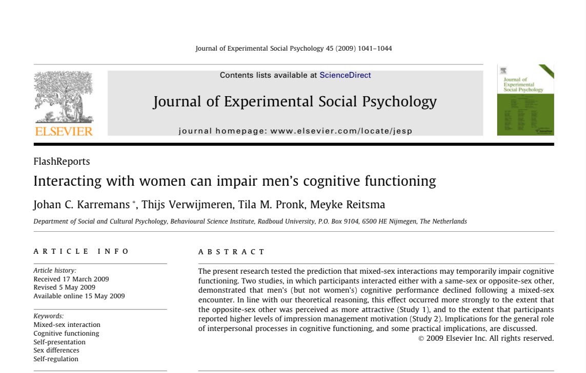 jayvanbavel's tweet photo. Interacting with attractive women makes men stupid. 

The researchers found that even a few minutes with the attractive woman was enough to make the students slower and less accurate on the test. 

The more attracted they were, the worse their results.

They also studied the effects on women students of being in the company of handsome men, and found the test scores were unaffected.

https://t.co/hvZXz7G0HP