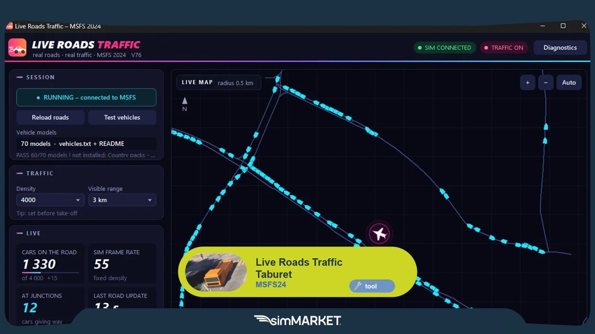 simflight's tweet photo. 🚗 Taburet - Live Roads Traffic MSFS24 is more than road traffic :
A dedicated engine for moving vehicles, live road data, intelligent traffic behavior &amp; dynamic density control in MSFS 2024.

🎬 Demo video https://t.co/Oc90oltBVP

🔗 Store https://t.co/RUXNcQZDYz https://t.co/TmTu5EUm5N